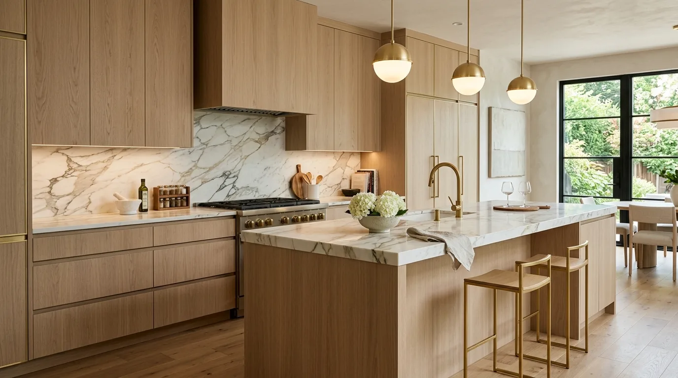Use flooring that complements the cabinetry inspiration for a warm white and white oak kitchen.